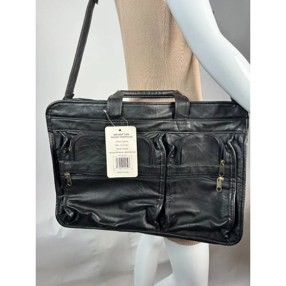 Monarch Black Leather Look Business Briefcase With Multiple Zippered Pockets & A